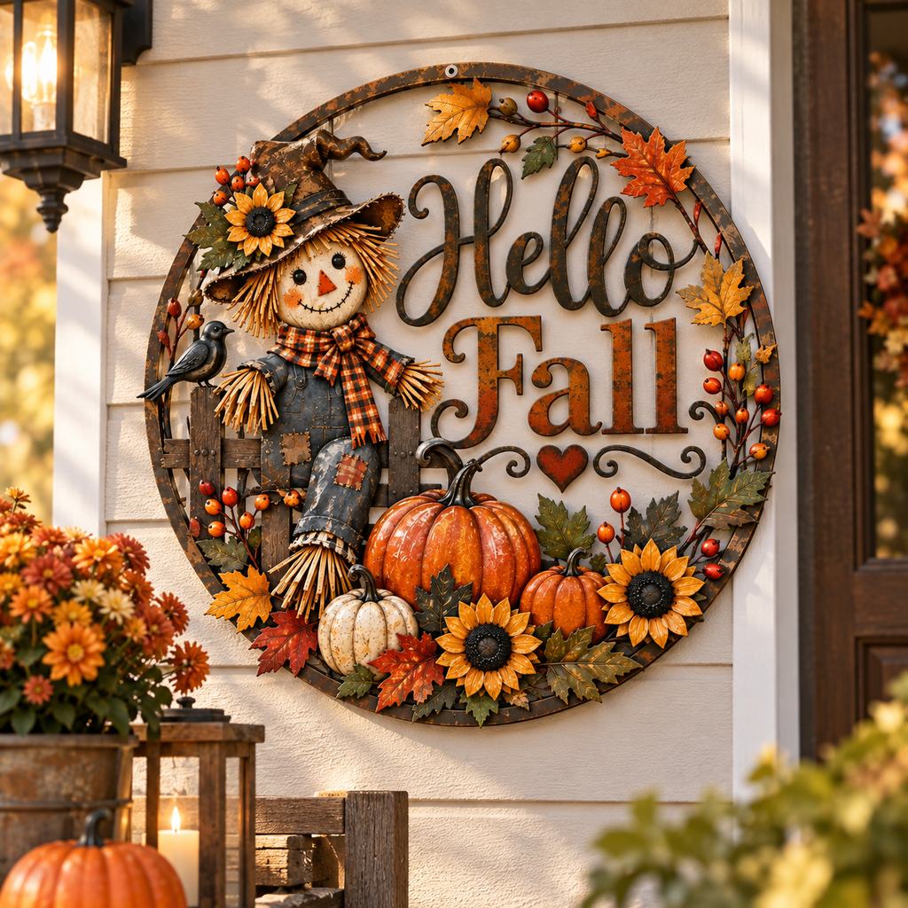 Hello Fall Scarecrow Metal Wall Decor