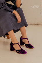 Hollow Out T-Strap Buckle Velvet Chunky Heels