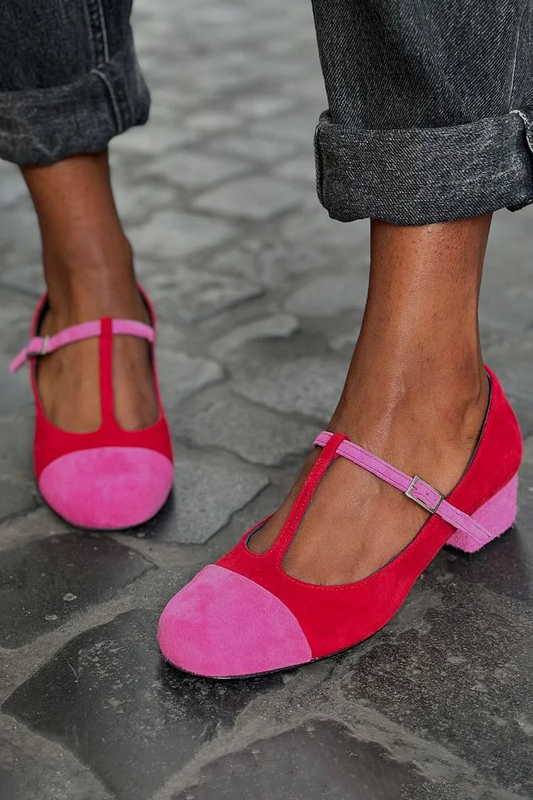 Round Toe Colorblock T-Strap Buckle Red Chunky Heels