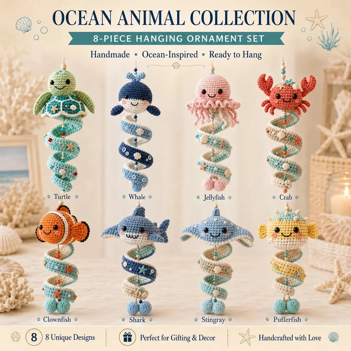 🌊 Beginner-Friendly Ocean Animal Spiral Crochet Hanging Ornament Kit💕