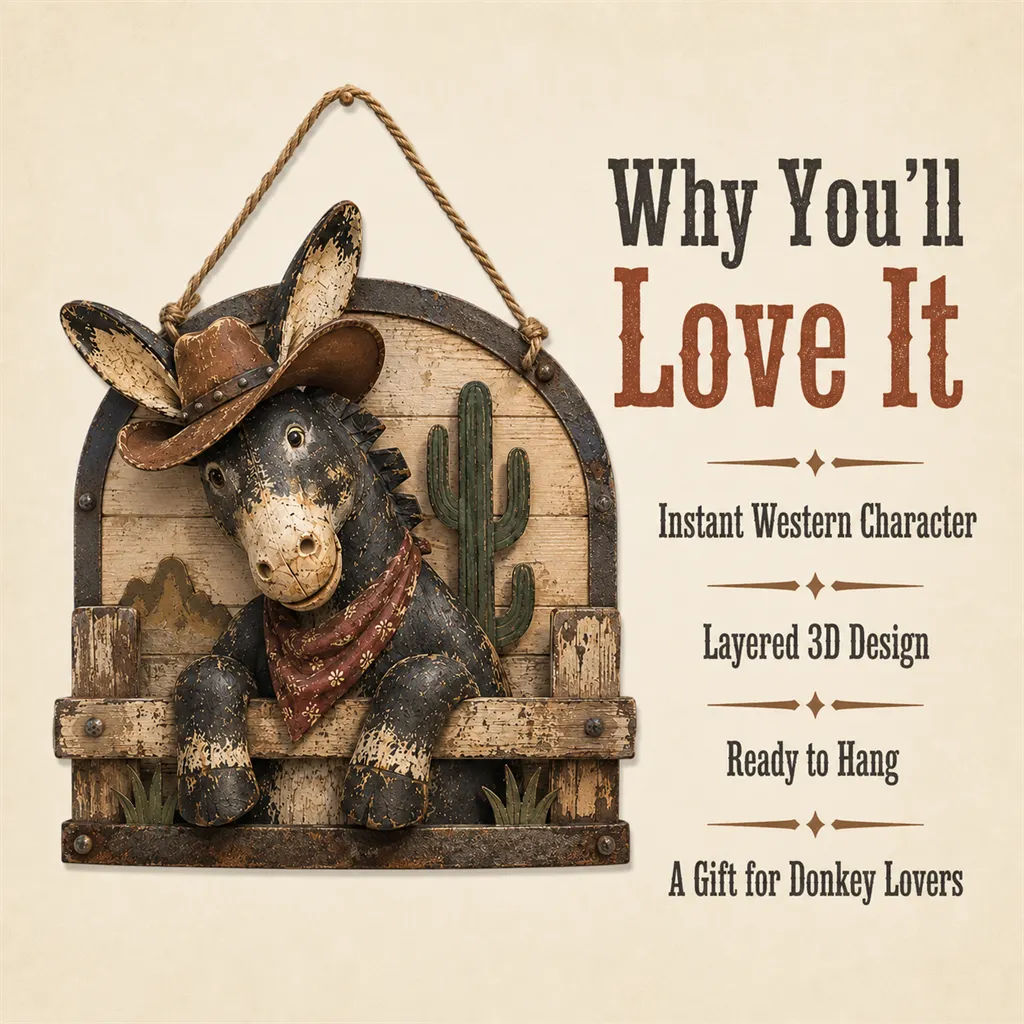 🌵 Rustic Cowboy Donkey Wall Hanging – Western Farmhouse Décor & Country Keepsake