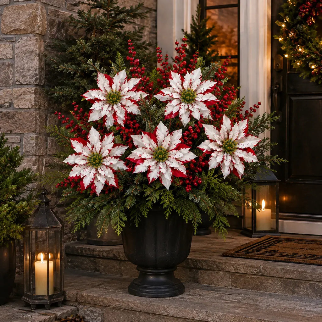 🎄Christmas Poinsettia Planter Inserts – Set of 6 Red & White Holiday Floral Picks