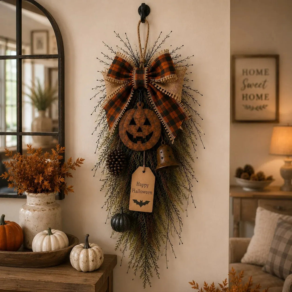 🎃🍂 Rustic Halloween Pumpkin Door Swag – Plaid Bow & Bell Hanging Décor