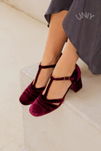 Hollow Out T-Strap Buckle Velvet Chunky Heels