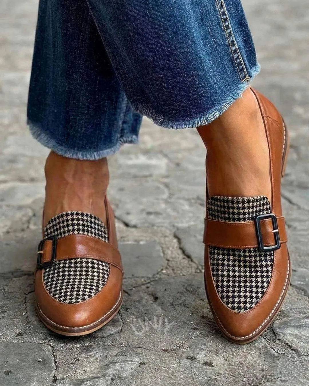 Classic Brown Houndstooth Strap Detail Casual Loafers