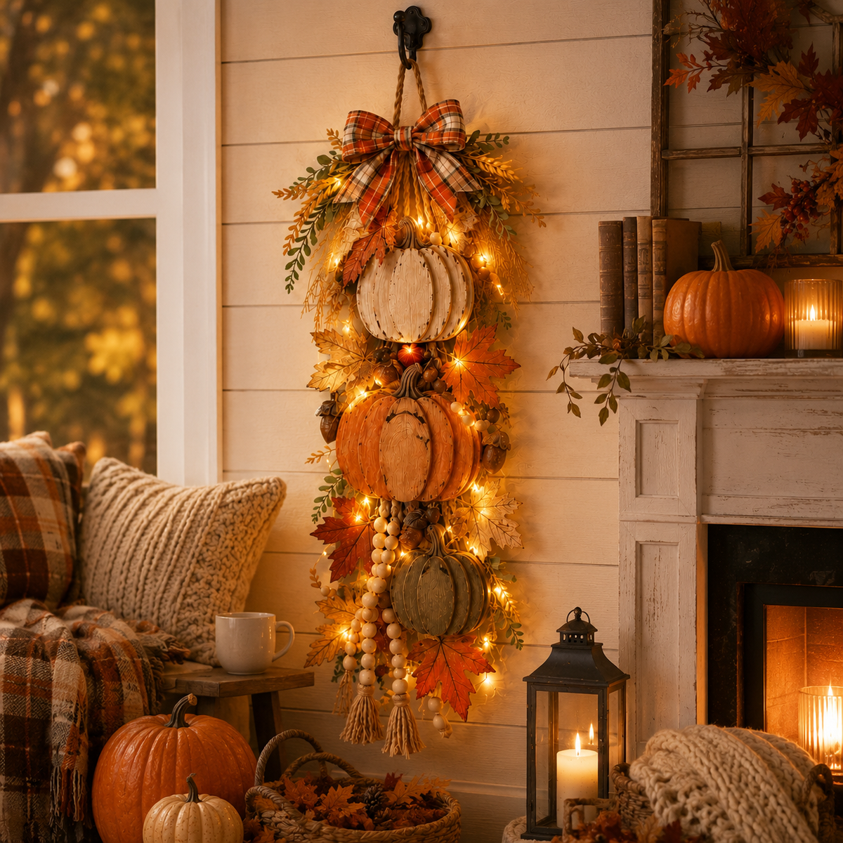 Lighted Harvest Fall Door Decor with Warm LED Lights
