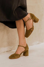 Hollow Out T-Strap Buckle Velvet Chunky Heels