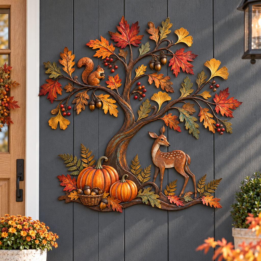 Autumn Tree of Life with Deer & Squirrel Metal Wall Decor