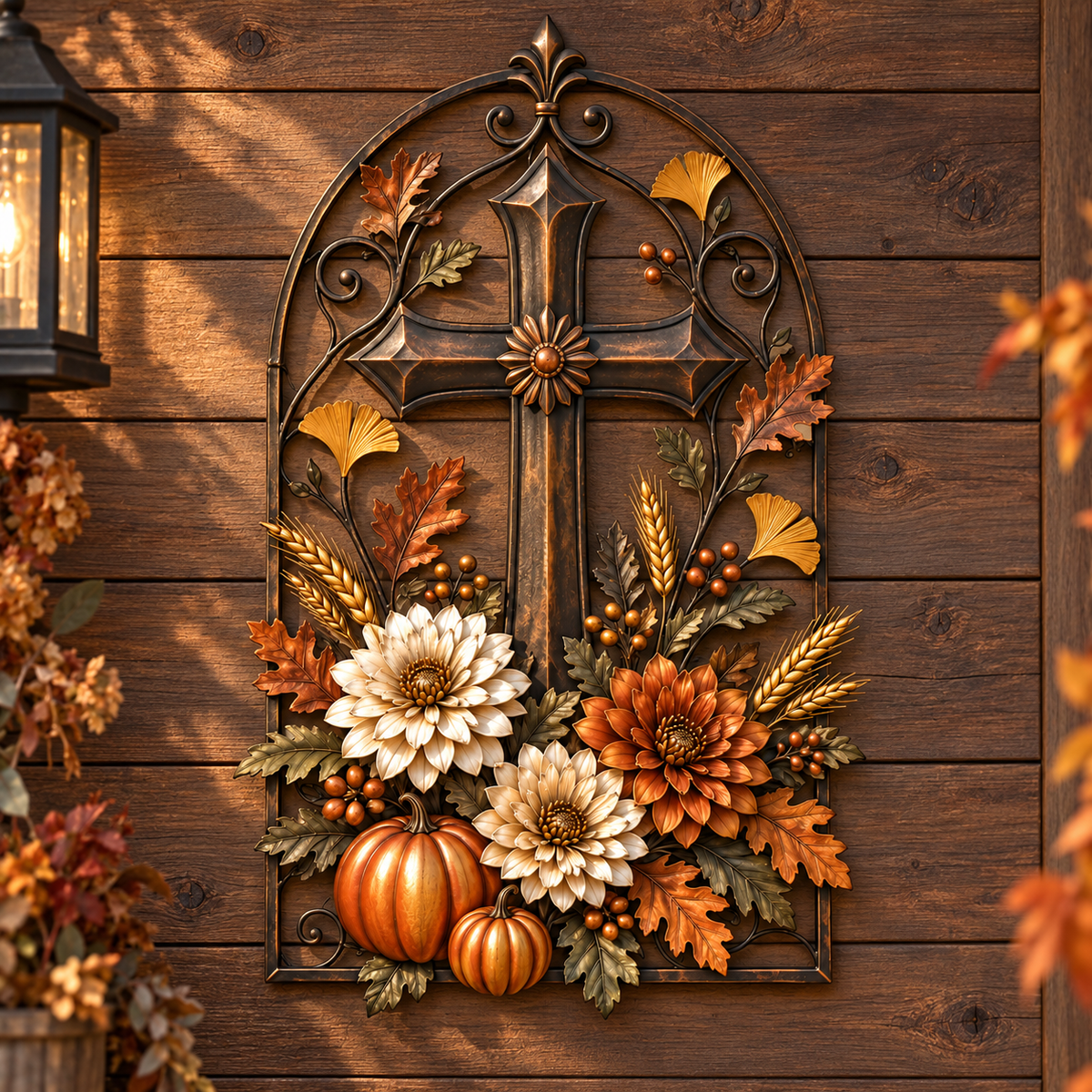 Autumn Cross & Floral Harvest Metal Wall Decor