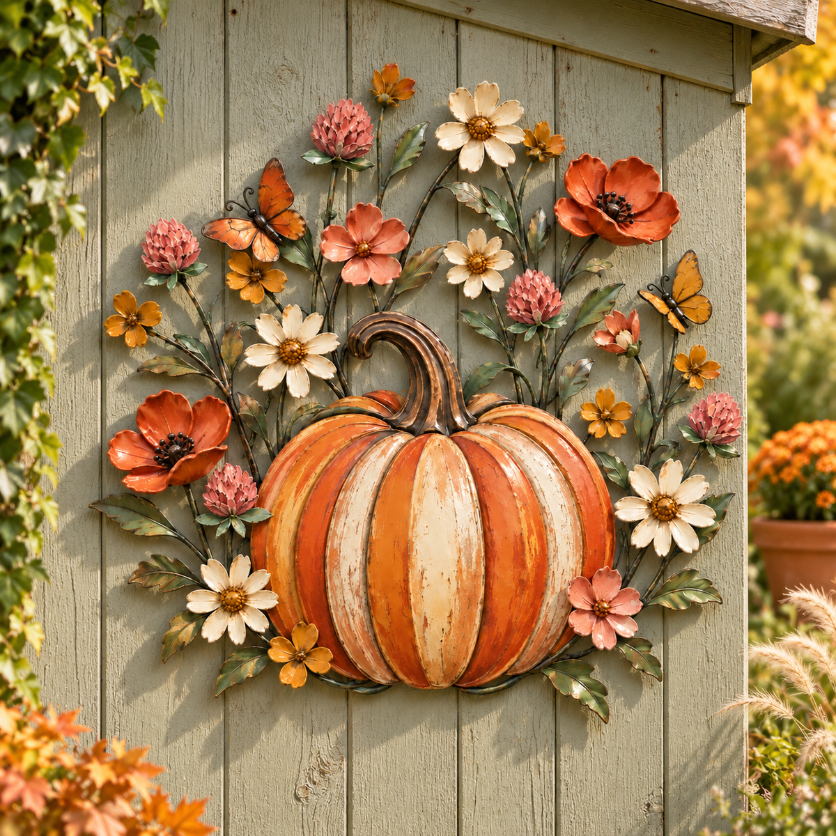 Pumpkin & Wildflower Butterfly Metal Wall Decor