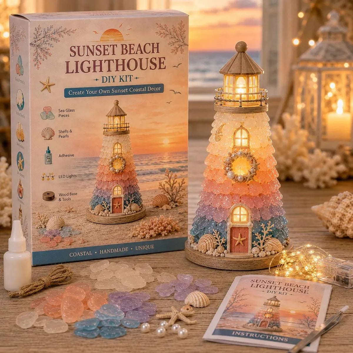 🌊 Beginner-Friendly DIY Lighted Sea Glass-Style Lighthouse Kit Collection | Complete Kit with Sea Glass-Style Pieces, LED Lights & Step-by-Step Guide Included 💕