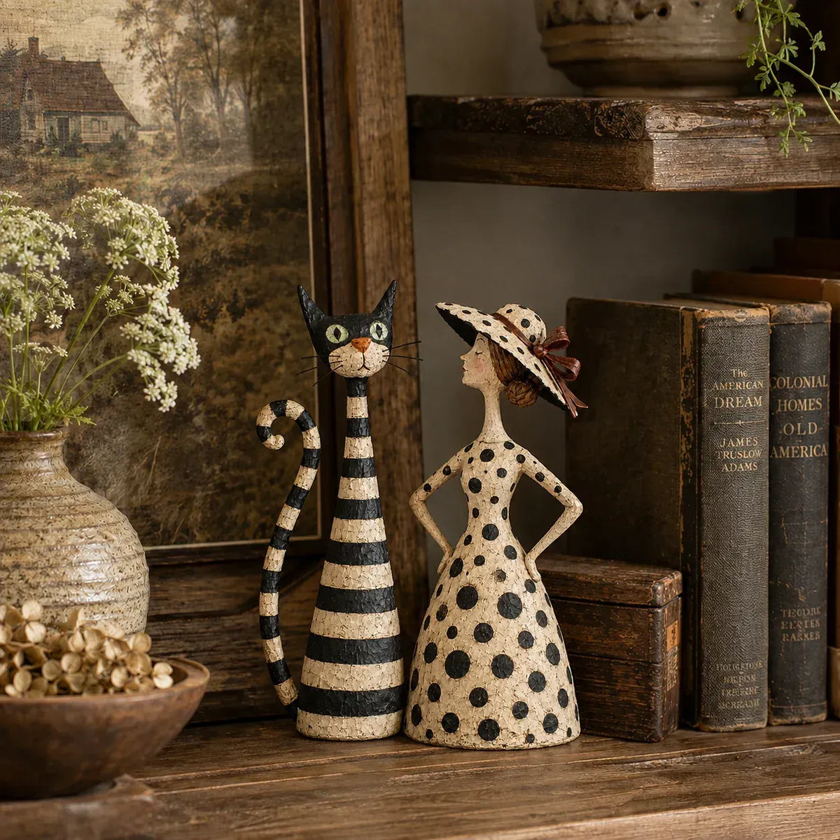 Vintage  Cat & Lady Sculptures