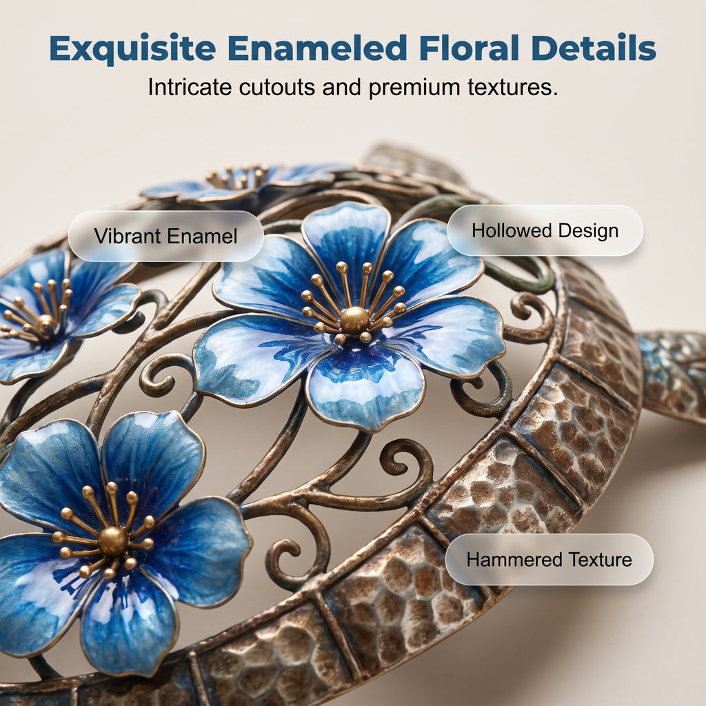 🐢 Sea Turtle Wall Sculpture — Enameled Floral Coastal Art with Textured Metal Scales