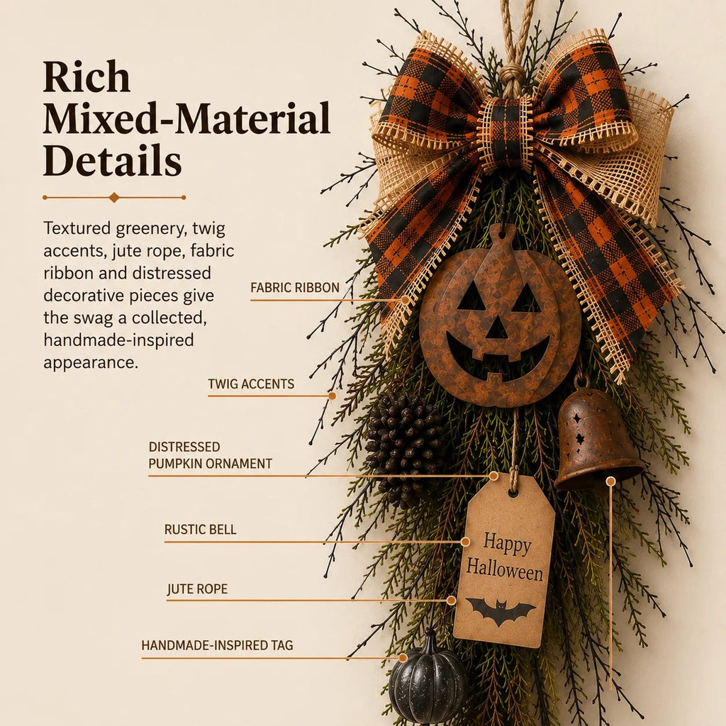 🎃🍂 Rustic Halloween Pumpkin Door Swag – Plaid Bow & Bell Hanging Décor