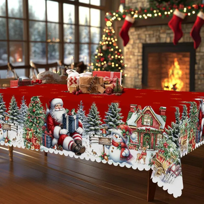 🎄 Jolly Santa & Reindeer Christmas Tablecloth🧼Festive, Family-Ready & Machine Washable! 🎁