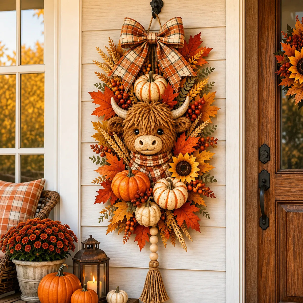 Lighted Harvest Fall Door Decor with Warm LED Lights