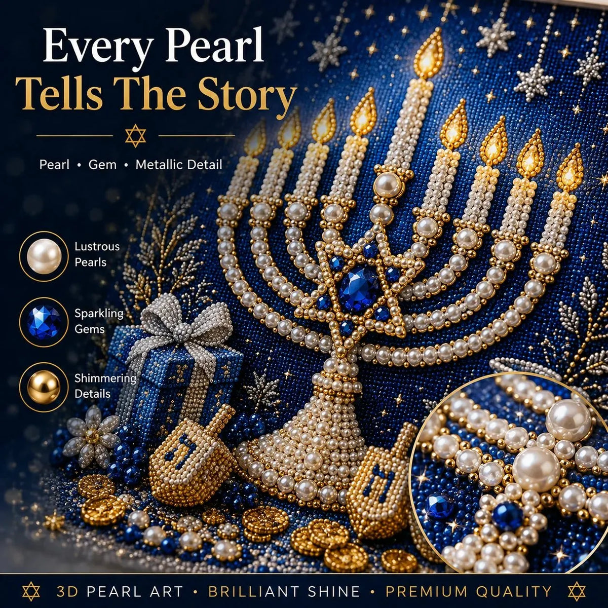 🕎 Premium 3D Pearl Hanukkah Art Kit | Luxury Flocked Canvas with Scratch-Resistant Non-Fading Acrylic Resin Pearls & Faceted Drills DIY Festival of Lights Decor 💙✨