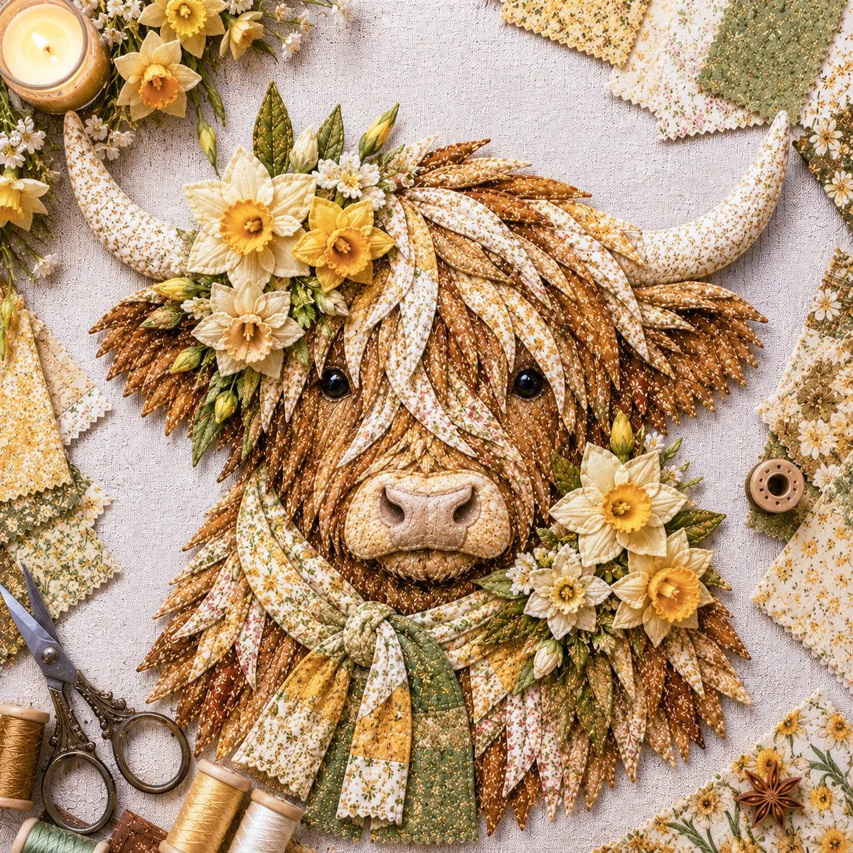 Birth Flower Highland Cow 3D Layered Fabric Art DIY Kit | Complete Kit Included ✂️ Pre-Cut Pieces • Glue or Stitch Your Way • Create a Cozy 3D Highland Cow Decor 💕