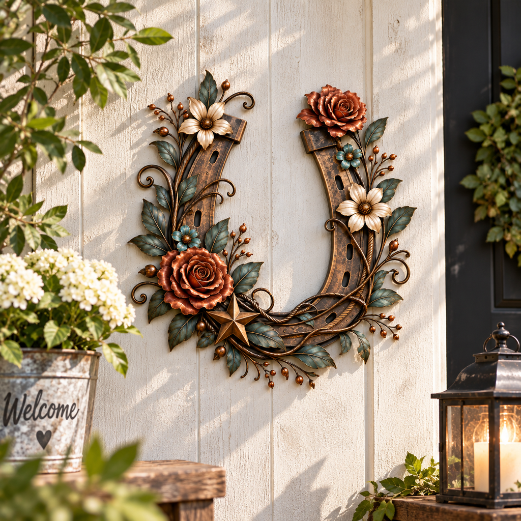 Western Horseshoe Floral Metal Wall Decor
