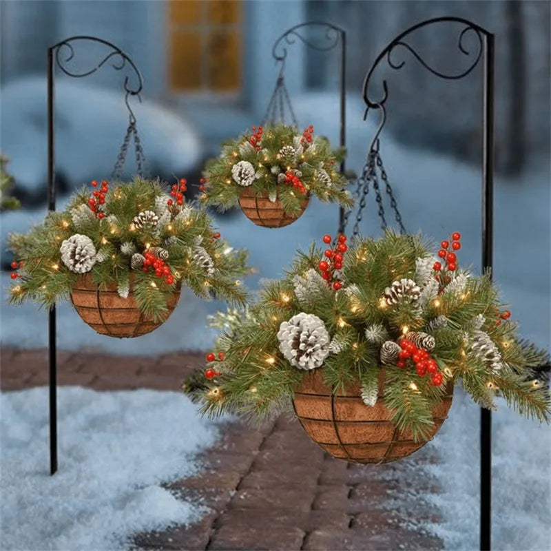 🎄 lit Artificial Christmas Hanging Basket - Flocked with Mixed Decorations and White LED Lights - Frosted Berry