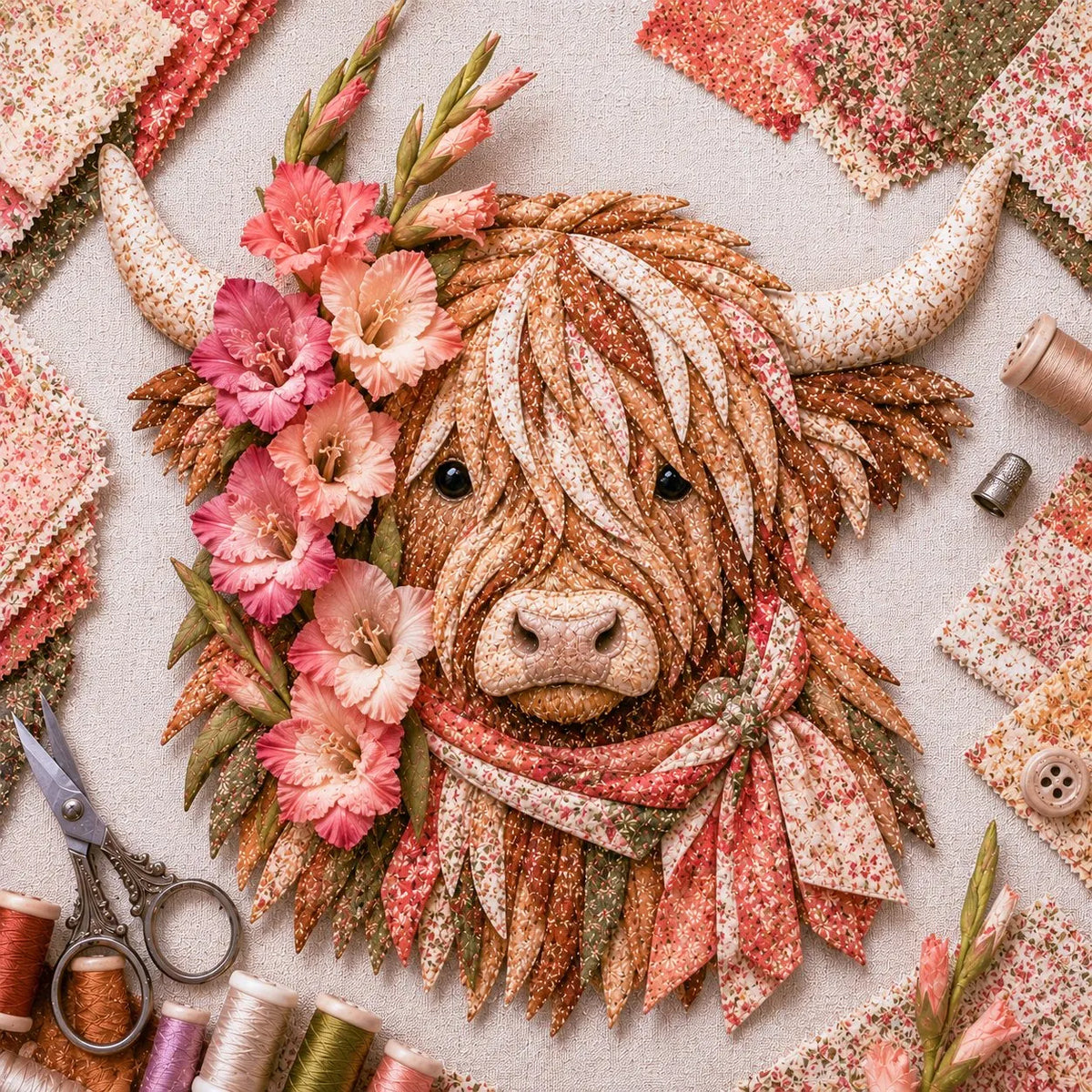 Birth Flower Highland Cow 3D Layered Fabric Art DIY Kit | Complete Kit Included ✂️ Pre-Cut Pieces • Glue or Stitch Your Way • Create a Cozy 3D Highland Cow Decor 💕
