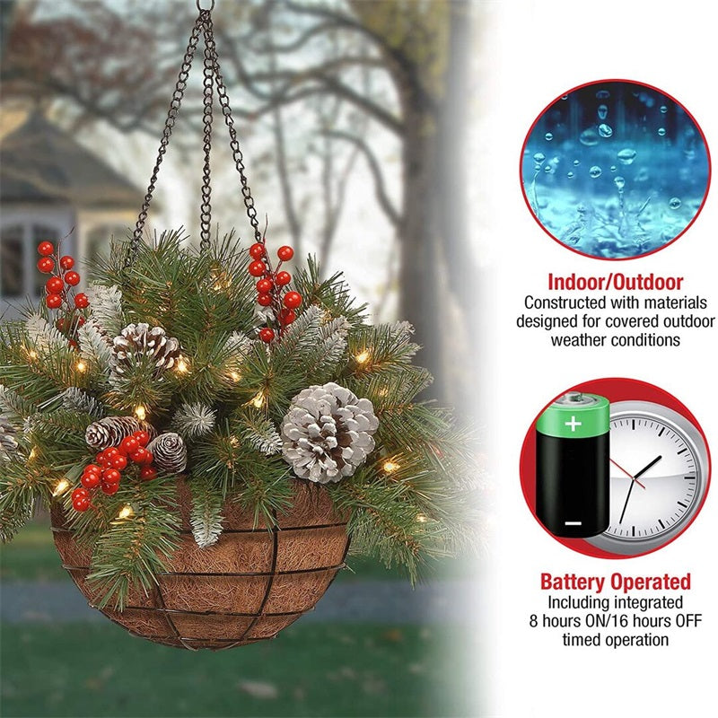 🎄 lit Artificial Christmas Hanging Basket - Flocked with Mixed Decorations and White LED Lights - Frosted Berry