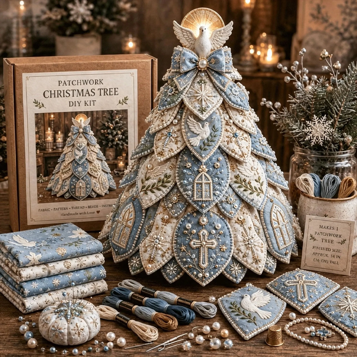 ✝️ Beginner-Friendly Tree of Faith 3D Quilted Christmas Tree Sewing Kit | Complete Kit with Coordinated Fabrics, Beads & Step-by-Step Guide Included 💕
