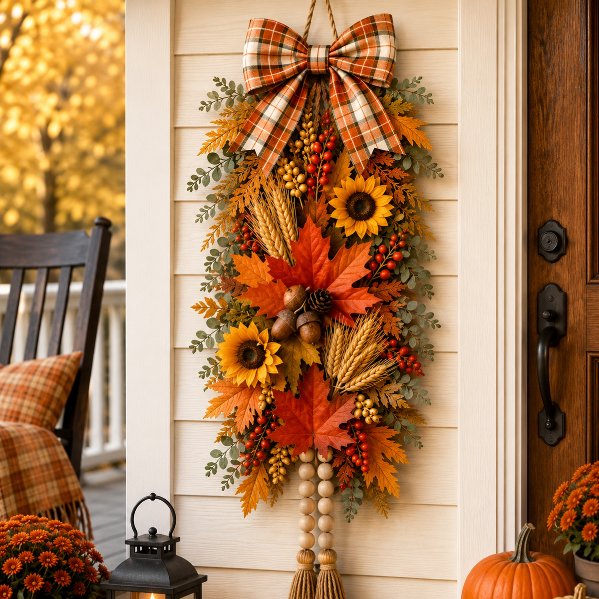 Lighted Harvest Fall Door Decor with Warm LED Lights