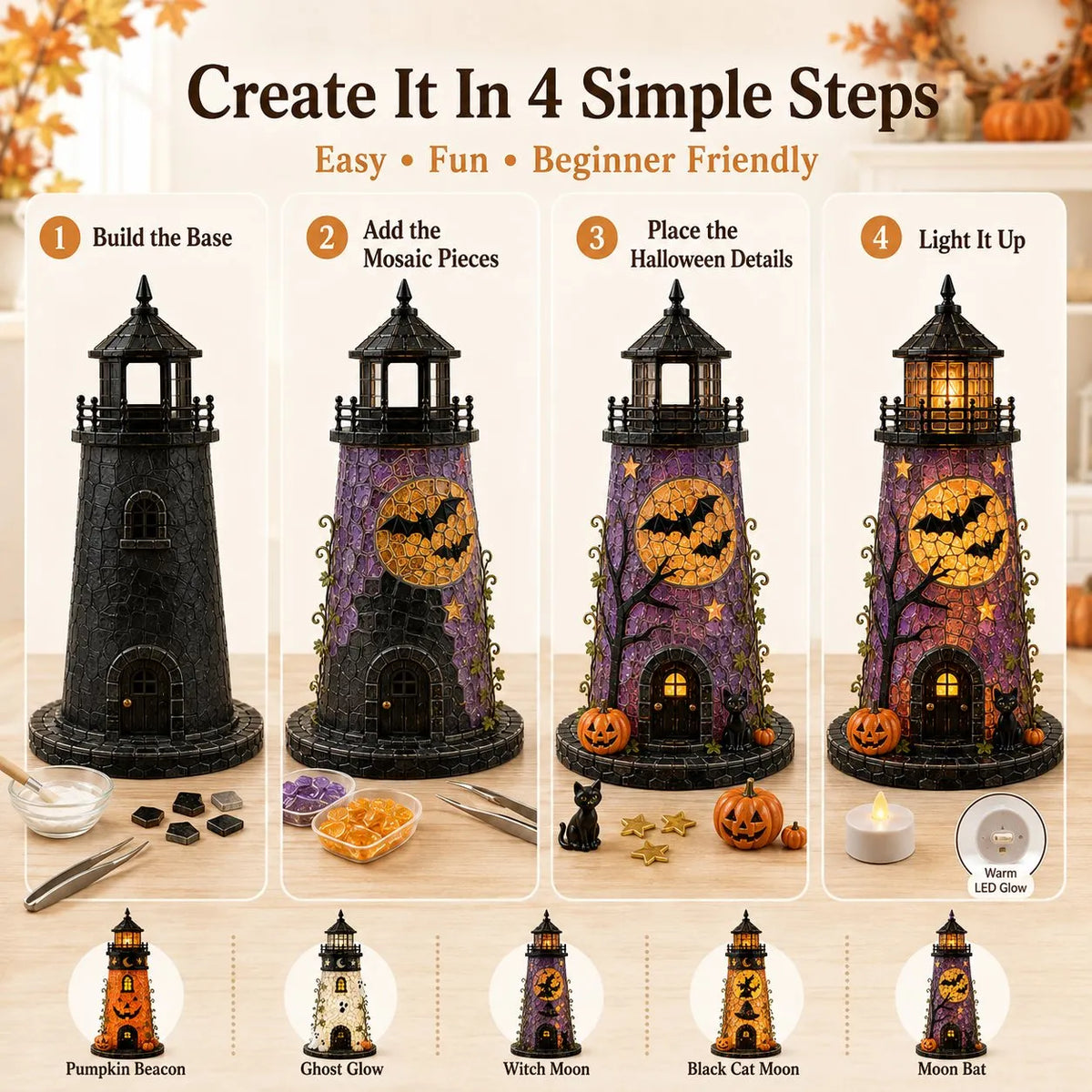 🎃 Beginner-Friendly Lighted Halloween Lighthouse DIY Kit – Sea Glass-Style Mosaic Collection