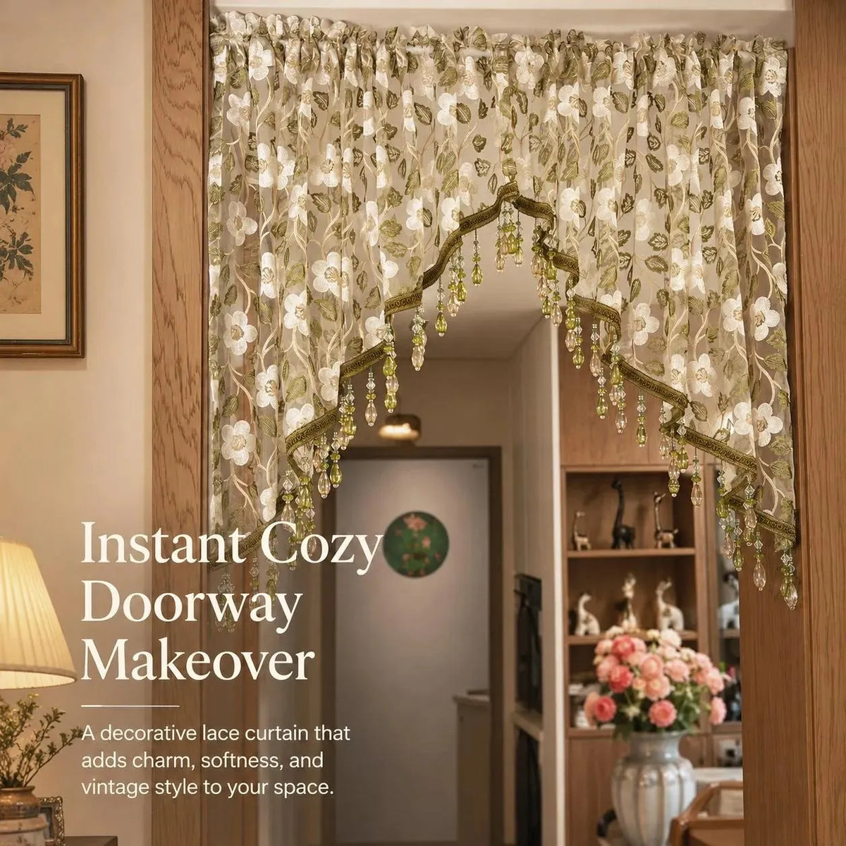 Embroidered Lace Doorway Curtain – Romantic Floral Beaded Sheer Panels