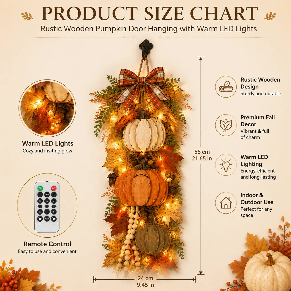 Lighted Harvest Fall Door Decor with Warm LED Lights
