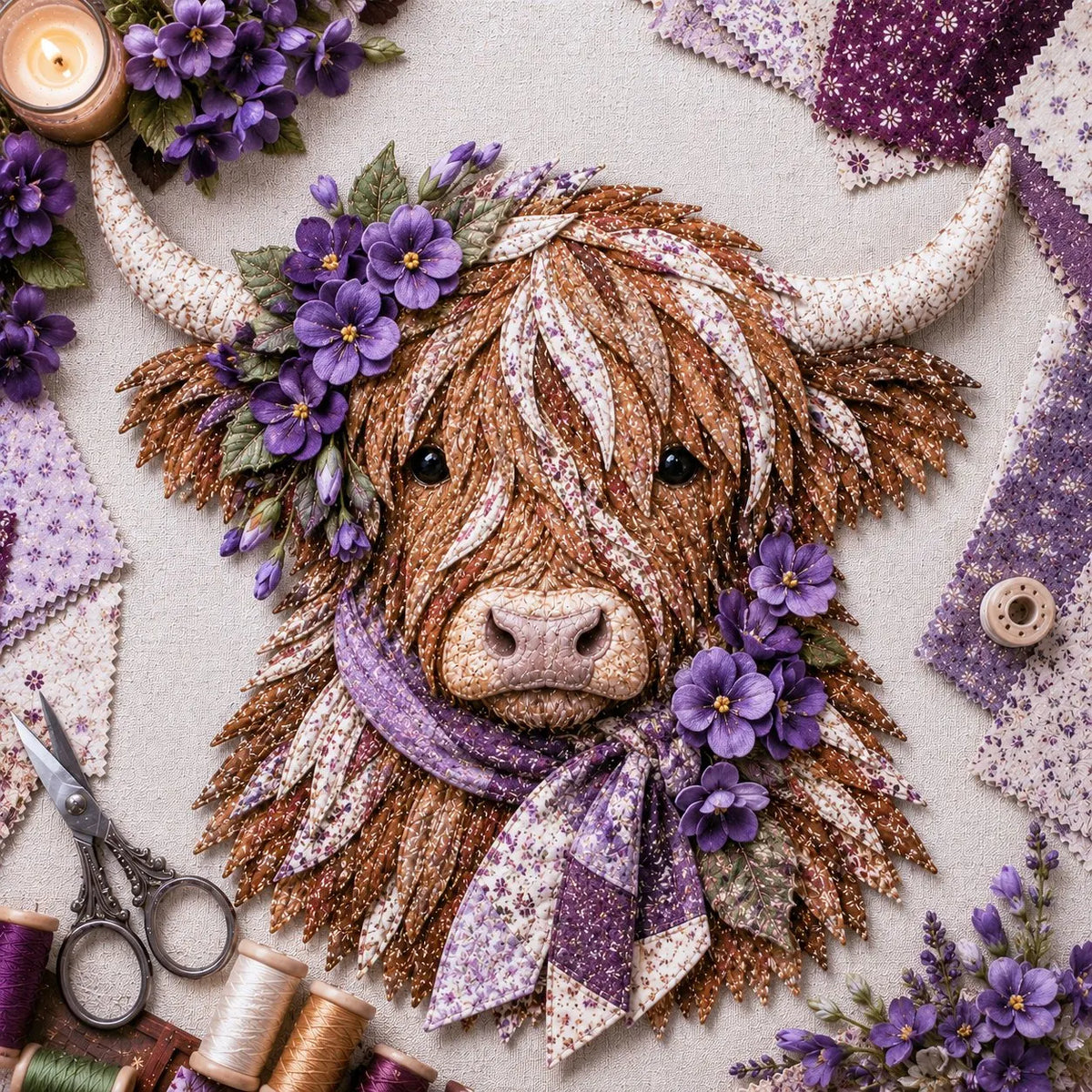 Birth Flower Highland Cow 3D Layered Fabric Art DIY Kit | Complete Kit Included ✂️ Pre-Cut Pieces • Glue or Stitch Your Way • Create a Cozy 3D Highland Cow Decor 💕