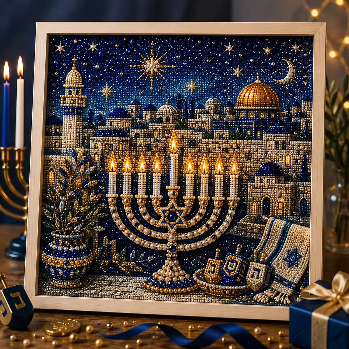 🕎 Premium 3D Pearl Hanukkah Art Kit | Luxury Flocked Canvas with Scratch-Resistant Non-Fading Acrylic Resin Pearls & Faceted Drills DIY Festival of Lights Decor 💙✨
