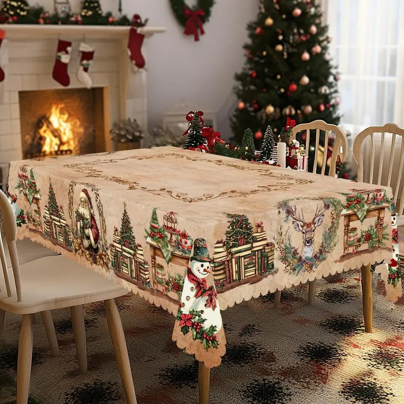 🎄 Jolly Santa & Reindeer Christmas Tablecloth🧼Festive, Family-Ready & Machine Washable! 🎁