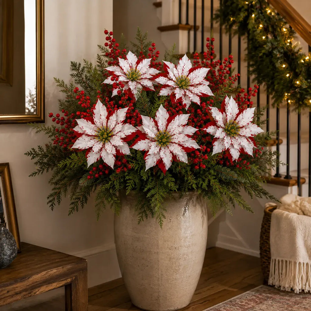 🎄Christmas Poinsettia Planter Inserts – Set of 6 Red & White Holiday Floral Picks