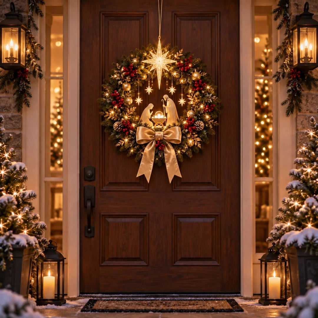 🕊️ Lighted Nativity Christmas Wreath – Star of Bethlehem Front Door Decor ✨