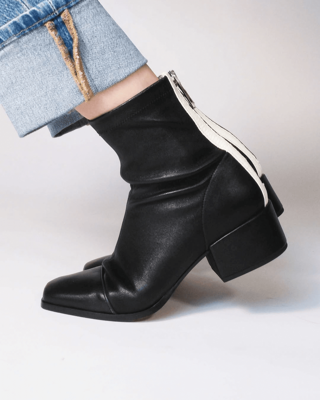Colorblock Zipper Square Toe Low Block Heel Black Ankle Boots
