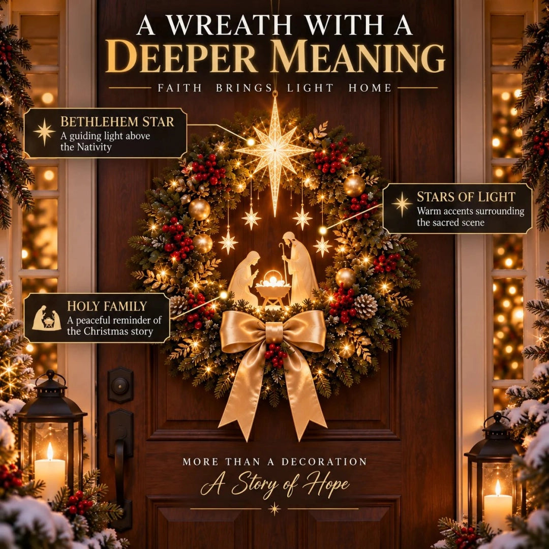 🕊️ Lighted Nativity Christmas Wreath – Star of Bethlehem Front Door Decor ✨