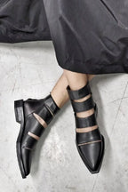 Black Leather Pointed Toe Multi Strap Cutout Flat Sandals
