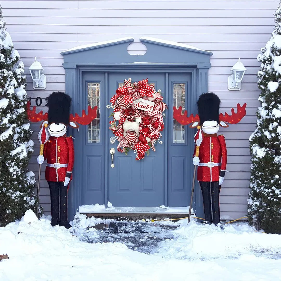 Winter wreath for front door  ,with white winter deer ornaments and sign