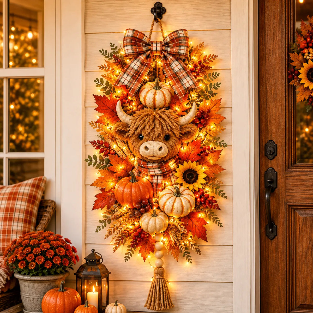 Lighted Harvest Fall Door Decor with Warm LED Lights