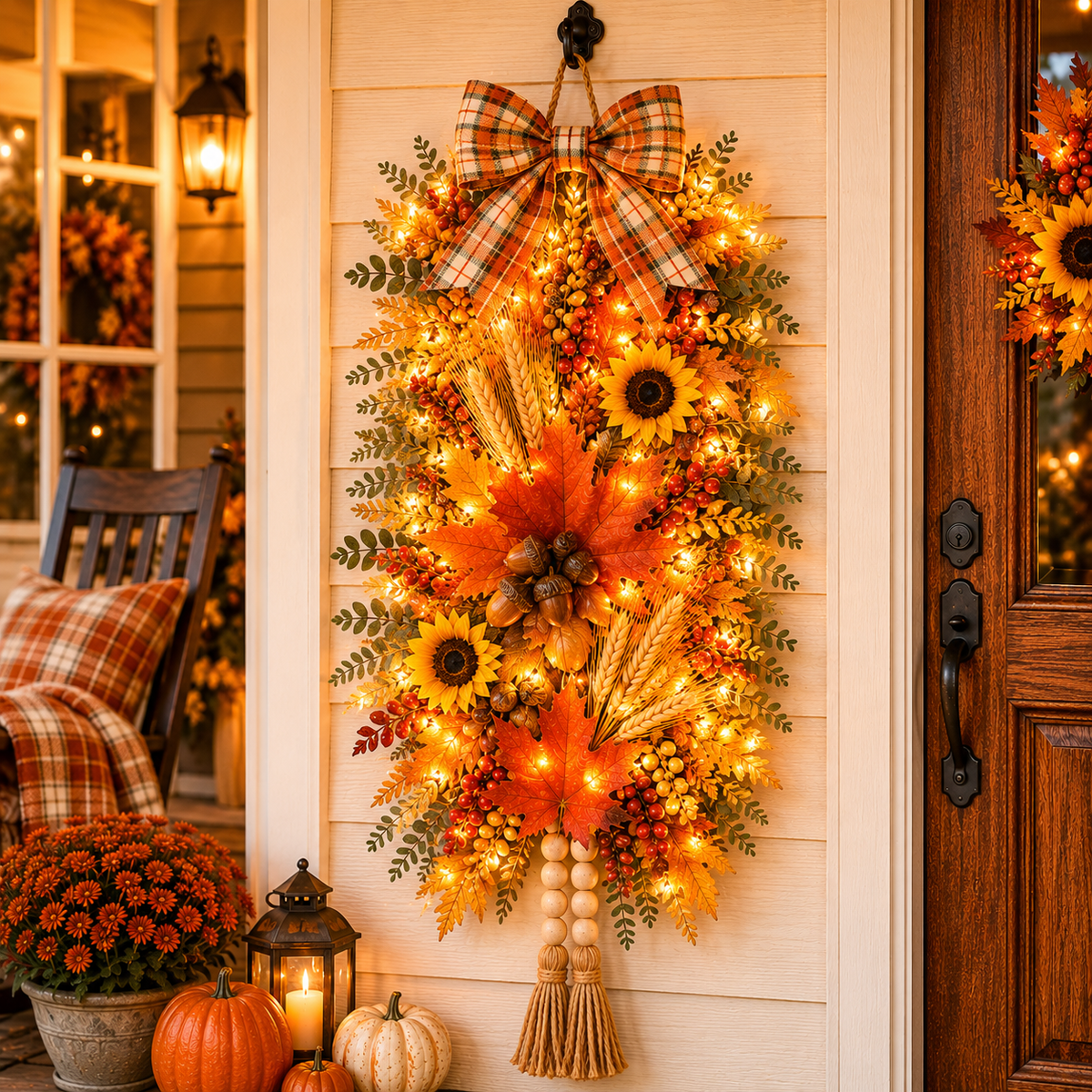 Lighted Harvest Fall Door Decor with Warm LED Lights